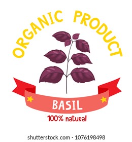 Organic herbal badge of fresh violet basil with ribbon banners isolated on white background. Vector illustration of cartoon healthy plant label used for magazine, poster, menu, web pages.