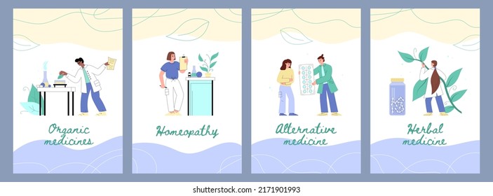 Organic Herbal Medicine And Homeopathy Banners Or Posters Collection, Flat Cartoon Vector Illustration. Set Of Banners For Naturopathic And Homeopathic Treatment.