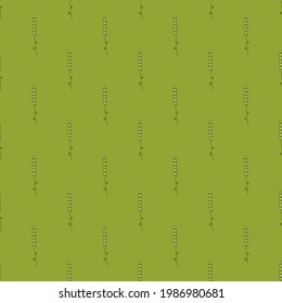 Organic herbal seamless pattern with doodle little lavender branches silhouettes print. Green background. Perfect for fabric design, textile print, wrapping, cover. Vector illustration.