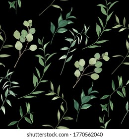 Organic herbal seamless pattern with eucalyptus branches. Greenery print on black background. Vector illustration