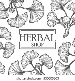 Organic herbal shop leaf vector hand drawn template packaging cosmetic, label, banner, poster, branding. Design with sketch illustration of floral nature branches. Hair care, skin care natural organic