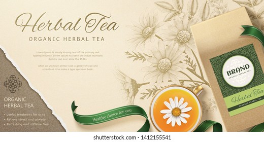 Organic herbal tea in 3d illustration with engraved herbs background