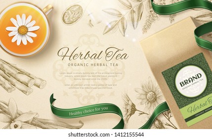 Organic Herbal Tea In 3d Illustration With Engraved Herbs Background