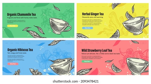 Organic herbal tea, landing page, vector illustration. Template web banner design with healthy beverage cup. Antioxidant chamomile, ginger, hibiscus and wild strawberry hand drawn ingredient