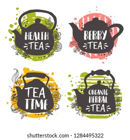 Organic herbal tea set. Kettle. Hand drawn vector illustration. Can be used for cafe, market, menu, shop, bar, restaurant, poster, label, sticker, logo.