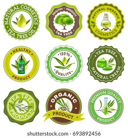 Organic high quality tea tree products emblem logo packaging set isolated on white background realistic vector illustration