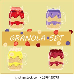 Organic homemade granola set. Muesli in a glass jar. Healthy vegan breakfast or snack. Proper nutrition concept. Vector illustration