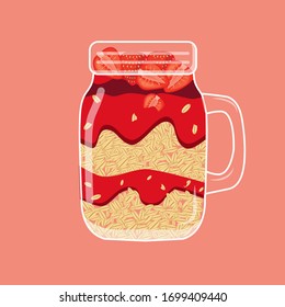 Organic homemade granola with strawberries. Muesli in a glass jar. Healthy vegan breakfast or snack. Proper nutrition concept. Vector illustration