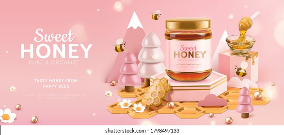 Organic honey ad banner with cute bees and pink miniature forest scene in cartoon design, 3d illustration