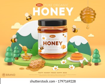 Organic honey ad template with cute bees and miniature natural mountain scene, in cartoon 3d illustration