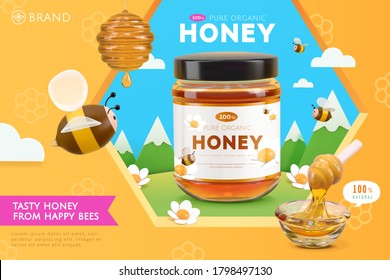 Organic honey ad template, glass jar mock-up set by hive shaped hole with natural mountain scene inside, 3d illustration