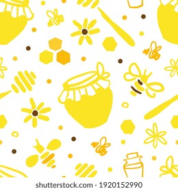 Organic Honey and Apiary Seamless Pattern, Eco Healthy Product Fabric, Wallpaper, Wrapping Paper, Textile, Background Design Vector Illustration