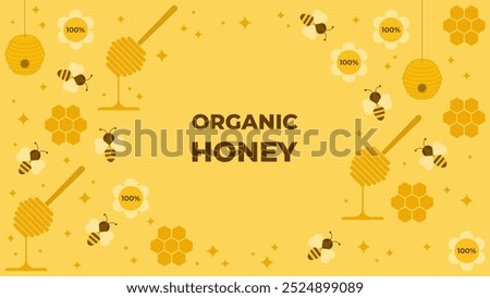 Organic honey background with bee, beehive, honey dipper, and honey. Vector illustration.