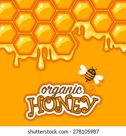 Organic honey background with honeycomb and cartoon bee