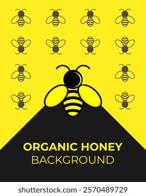 Organic honey background. Natural and farm honey packaging. Labels and tags with bee icons patterns.