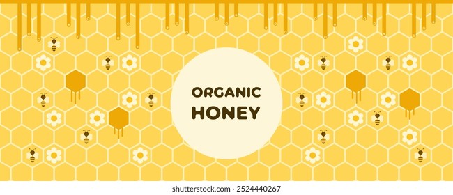 Organic honey banner design with bees, flowers, and honey. Vector illustration.