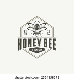 Organic honey bee logo design retro vintage concept bee animal premium template bumblebee