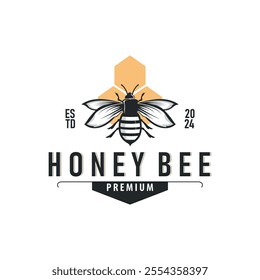 Organic honey bee logo design retro vintage concept bee animal premium template bumblebee