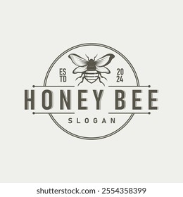 Organic honey bee logo design retro vintage concept bee animal premium template bumblebee