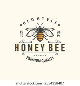 Organic honey bee logo design retro vintage concept bee animal premium template bumblebee