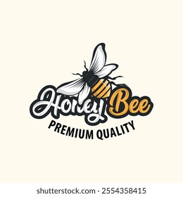 Organic honey bee logo design retro vintage concept bee animal premium template bumblebee