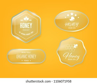 Organic honey bee and natural glass banner set. Glossy badges design.