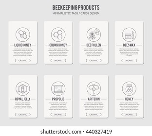 Organic honey card or tag template with thin line style illustration of beekeeping products