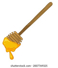 Organic honey dripping from dipper wooden spoon. Isolated kitchen utensil for pouring healthy product. Apiary production and advertising. Food rich in vitamins and minerals. Vector in flat style