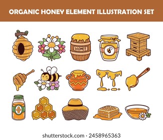 Organic honey element vector illustration set