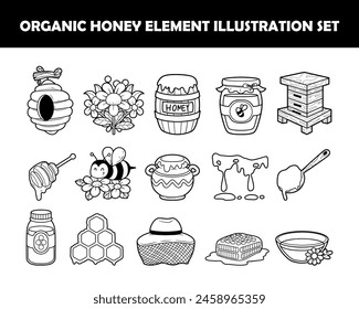 Organic honey element vector outline illustration set