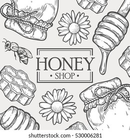 Organic honey food shop vector hand drawn template packaging food, drink, menu label, banner poster identity, branding. Stylish design with sketch illustration of honey sketch