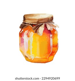 Organic honey in a glass jar, perfect for a healthy and sweet breakfast or dessert. Golden liquid from beekeeping. Vector watercolor illustration