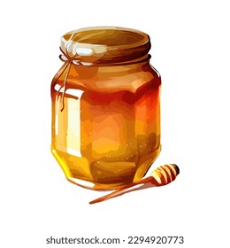 Organic honey in a glass jar, perfect for a healthy and sweet breakfast or dessert. Golden liquid from beekeeping. Vector watercolor illustration