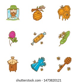 Organic honey icon set. Hand drawn set of 9 organic honey vector icons for web design isolated on white background