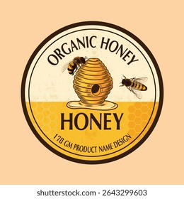 Organic Honey Jar Label Design – Vintage Round Sticker with Bees and Hive
