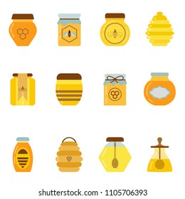Organic honey jars set. Natural sweet golden organic honey in different containers. Healthy apiary product in various handcrafted pots.