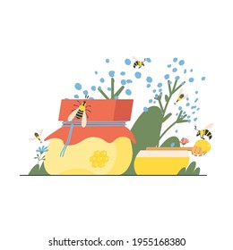 Organic honey in a plate in a clearing with flowers. Honey spoon. Healthy food concept. Postcard bees, flowers, jar