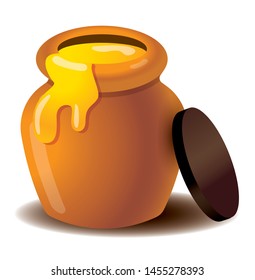 Organic Honey Pot Emoji And Icon. Honey Leaking Out From Jar - Vector Isolated