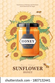 Organic honey product in 3d illustration surrounded by sunflowers over engraved honeycomb background