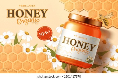 Organic honey product with honeybee in 3d illustration on honeycomb and wildflowers design background