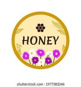 Organic honey product label concept with bright flowers, leaves and honeycomb. Packaging design. Isolated on white. Vector