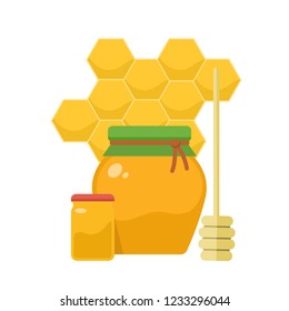 Organic honey products icon. Jars with honey, honeycombs and wooden stick. Organic food. Vector flat illustration.