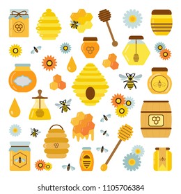 Organic honey products icon set. Bee flowers, beehive, combs, dipper and honey in jars and wooden pot. Natural sweet golden organic syrup. Apiary element and product collection.