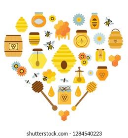 Organic honey products icons in heart shape. Flying bees, flowers, beehive, combs, dipper and honey in jars and wooden pot. Natural sweet golden organic syrup. Apiary elements and products collection.
