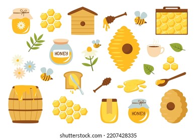 Organic honey products set. Jar with fresh liquid honey. Honeycomb, wax, bee, hive and barrel isolated on white background. Cartoon flat vector illustration