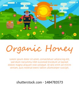 Organic honey products vector flat illustrations for web or banner. Honeykeeper cartoon character with honeycomb in nature. Organic and natural honey.