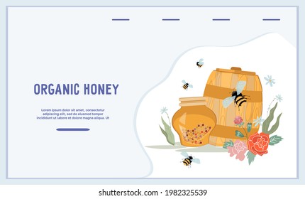 Organic honey website banner template with barrel and jar of honey, flat vector illustration. Landing page and website interface for honey and beekeeping production.