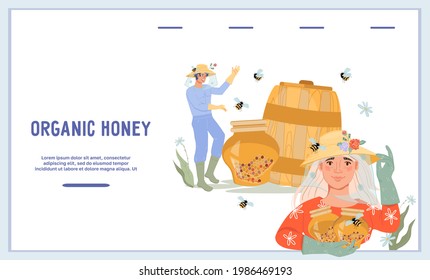 Organic honey website template with characters of beekeepers producing honey, flat vector illustration. Web page mockup for apiary farm or beekeeping shop.
