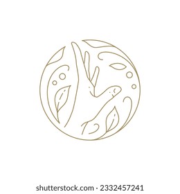 Organic human hand with spring blossom floral circle frame golden minimalist line icon vector illustration. Elegant palm bloom natural plant branches lush leaves ecology cosmetic emblem design