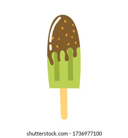 Organic ice cream with chocolate topping on a wooden stick. Delicious summer dessert with matcha green tea. Vector element isolated on a white background. Colorful hand-drawn illustration.